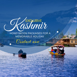 Kashmir honeymoon packages advertisement with a scenic view of Dal Lake.