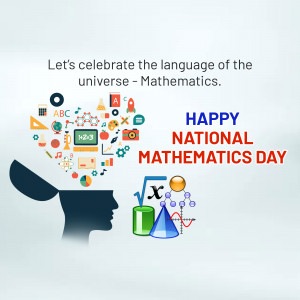 Illustration celebrating National Mathematics Day with mathematical symbols and a brain silhouette.