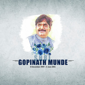 Portrait of Gopinath Munde with floral arrangement and dates of birth and death.
