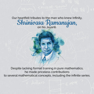 Watercolor portrait of Srinivasa Ramanujan with mathematical equations in the background