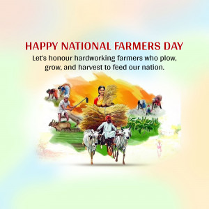 Illustration depicting farmers working in fields with Indian flag colors in the background.