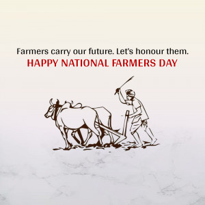 Illustration of a farmer plowing a field with oxen, with text celebrating National Farmers Day.