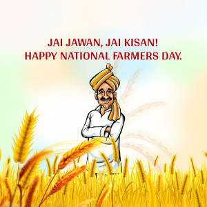 Illustration of a farmer with wheat stalks and text 'Jai Jawan, Jai Kisan! Happy National Farmers Day.'