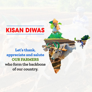 Image depicting Kisan Diwas with a farmer and bullocks in front of the map of India.