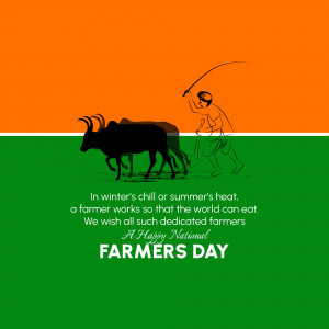 Illustration of a farmer plowing a field with oxen, with the Indian flag colors in the background.