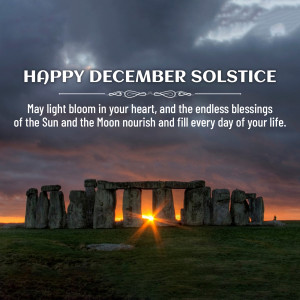 Stonehenge at sunset with text 'Happy December Solstice'