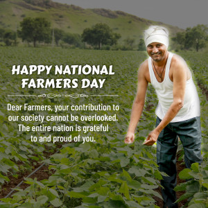A smiling farmer in a field with text celebrating National Farmers Day.