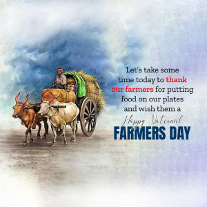 Illustration of a farmer on a bullock cart with text wishing a Happy National Farmers Day