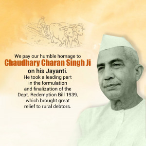 Portrait of Chaudhary Charan Singh with a rural scene in the background