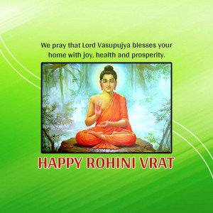 Image of Lord Vasupujya with a blessing message for Rohini Vrat