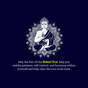 Image of Buddha in lotus position with a mandala background and text wishing for a peaceful Rohini Vrat.