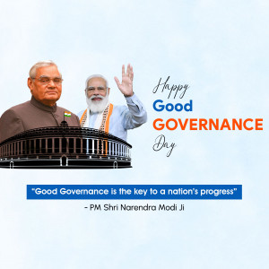Image of Prime Minister Narendra Modi and Atal Bihari Vajpayee with the Parliament House in the background, celebrating Good Governance Day.