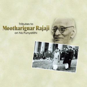 Portrait of Mootharignar Rajaji with a historical photograph in the background