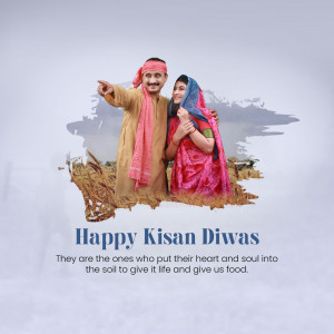 A couple dressed in traditional farming attire with a background of fields and mountains, celebrating Kisan Diwas.