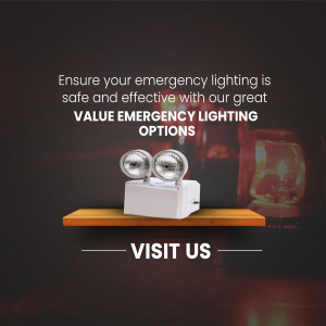 Emergency lighting fixture on a shelf with text promoting value options.