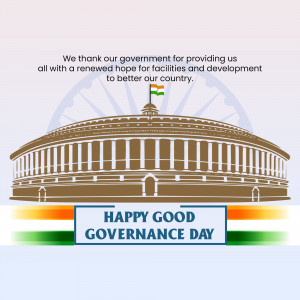 Illustration of the Parliament House of India with the Indian flag and text 'Happy Good Governance Day'.