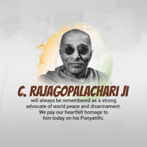 Portrait of C. Rajagopalachari with Indian flag colors and a tribute message.