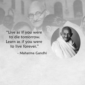 Black and white portrait of Mahatma Gandhi with a motivational quote.