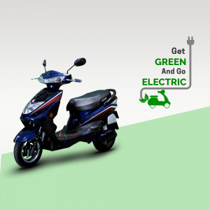 A blue electric scooter with a green background and a 'Get Green and Go Electric' message.