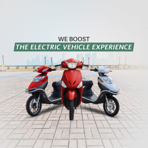 Three electric scooters displayed with a city skyline in the background