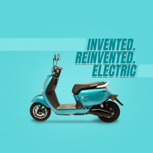 Side view of a teal Hero Electric scooter against a blue gradient background with text 'INVENTED. REINVENTED. ELECTRIC.'