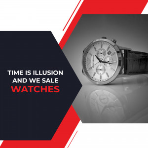 Silver wristwatch with black leather strap on a reflective surface with text 'Time is Illusion and We Sale Watches'