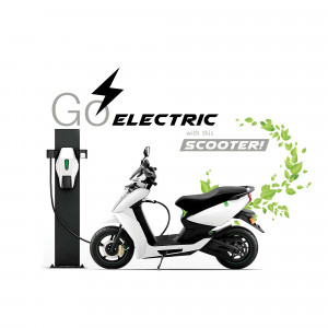 White electric scooter charging at a charging station with green leaves