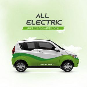 Side view of a white and green electric vehicle with the text 'ALL ELECTRIC and it's available now'