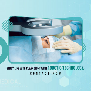 A patient undergoing robotic eye surgery with a surgeon using robotic equipment.