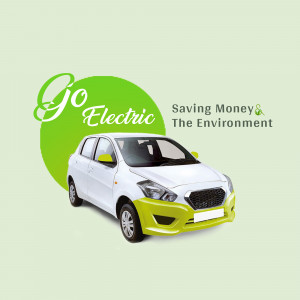 White electric car with green accents promoting eco-friendly transportation.