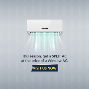 Split AC advertisement with promotional text and call to action.