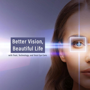 Close-up of a woman's face with a focus on her eye, promoting vision care.
