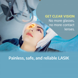 Woman undergoing LASIK eye surgery with a doctor performing the procedure.