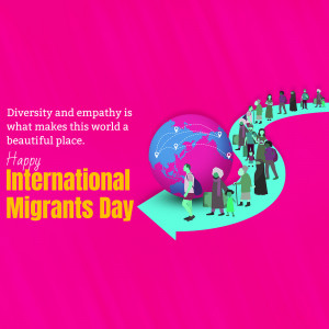 Illustration of diverse people walking towards a globe with connecting lines, celebrating International Migrants Day.