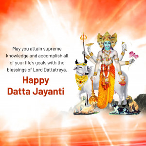 Image depicting Lord Dattatreya with a cow, dog, and horse, with text 'Happy Datta Jayanti'