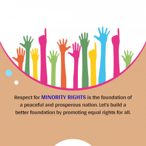 Diverse hands raised in support of minority rights with text promoting equality.