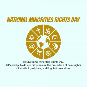 National Minorities Rights Day graphic with religious symbols and a globe
