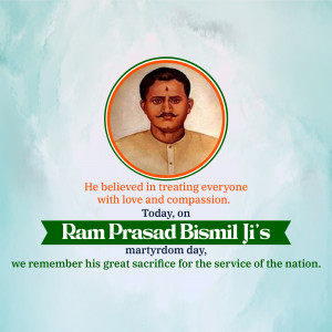 Portrait of Ram Prasad Bismil with Indian flag colors and text commemorating his martyrdom day.