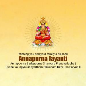 Image depicting Goddess Annapurna with text wishing a blessed Annapurna Jayanti