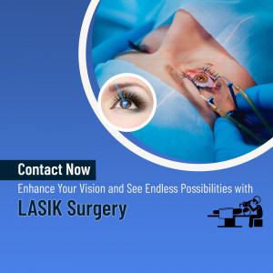 LASIK eye surgery procedure with a close-up of the eye and surgical instruments.