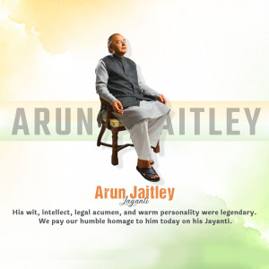 Portrait of Arun Jaitley with text commemorating his birth anniversary
