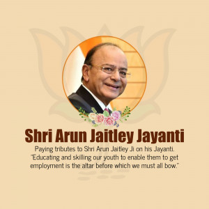 Portrait of Arun Jaitley with floral decorations and text commemorating his birth anniversary.