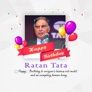 Birthday greeting for Ratan Tata with balloons and a celebratory banner.
