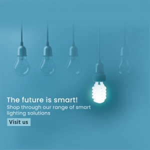 Image of hanging light bulbs with one illuminated, promoting smart lighting.