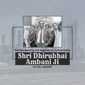 Black and white portrait of Dhirubhai Ambani with colleagues and industrial background
