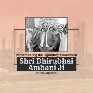Portrait of Dhirubhai Ambani with colleagues and industrial background
