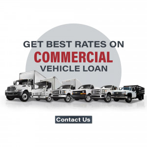 Image showcasing various commercial vehicles with text promoting commercial vehicle loan rates.