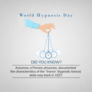 World Hypnosis Day graphic with a hand holding a pendulum and clocks, and text about Avicenna.