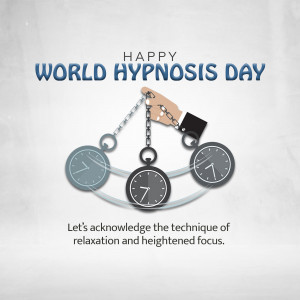 World Hypnosis Day graphic with clocks, chains, and a hand