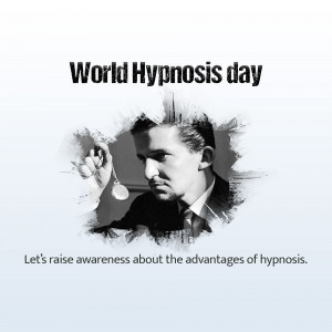 Image promoting World Hypnosis Day featuring a man and a pendulum.